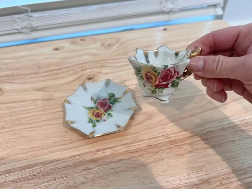 Vintage Enesco Miniature Floral Tea Cup and Saucer with Gold Trim